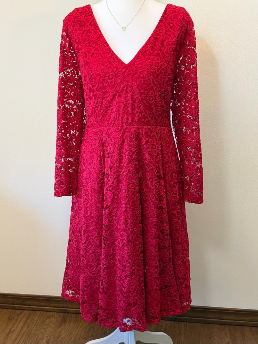 Torrid Red Floral Lace Fit & Flare Dress Size 1 Long Sleeve with Keyhole Back